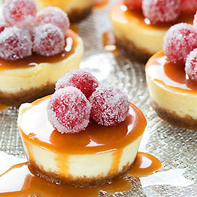 Mini Cheesecake with Sparkling Caramel Sauce & Frosted Grapes
