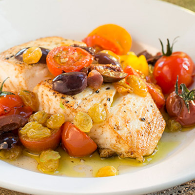 Mediterranean Halibut with Golden Raisins