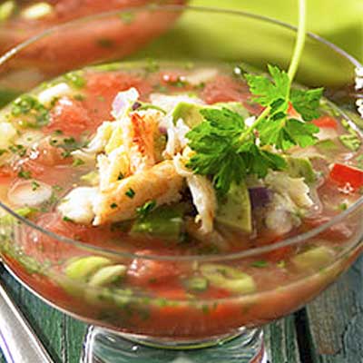 Fire and Ice Grapefruit Gazpacho with Crabacado Relish