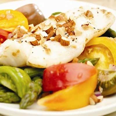 Grilled Fish with Heirloom Tomato, Asparagus and Almond Salad