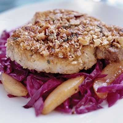 Almond-Crusted Pork Chops with Quick Cabbage & Pears