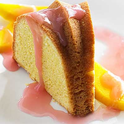 Cornmeal Pound Cake with Cranberry-Mango Bourbon Sauce