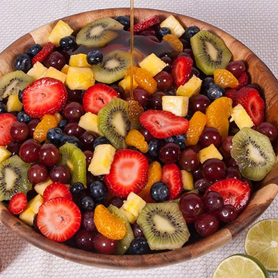 Rainbow fruit salad and honeyed yoghurt