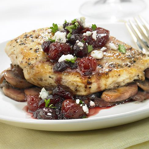 Pan Seared Chicken Breasts with Cran-Cherry Sauce and Bleu Cheese Crumbles