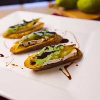 Honey Balsamic Glaze on Poached Pear Brie Crostini