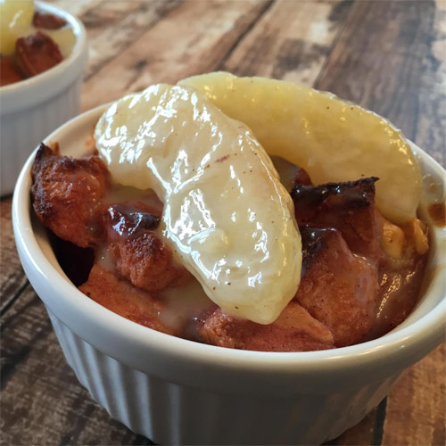 Spiced Cherry Bread Pudding with White Chocolate Apple Compote