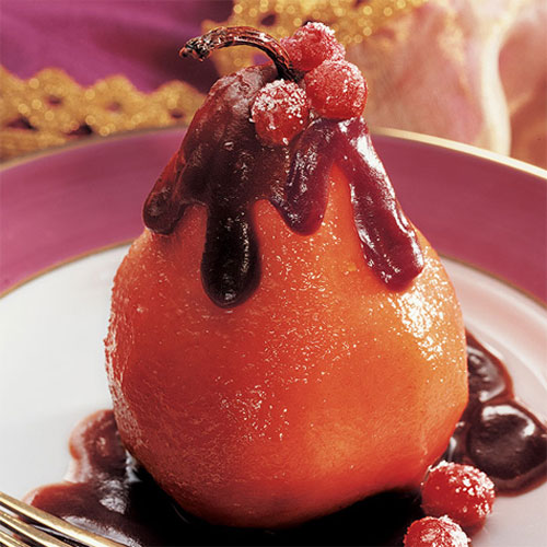 Poached Pears with Chocolate Cranberry Sauce