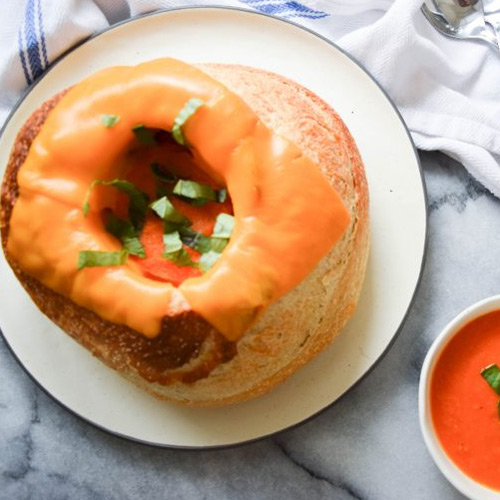 Roasted Tomato Soup in a Cheesy Bread Bowl
