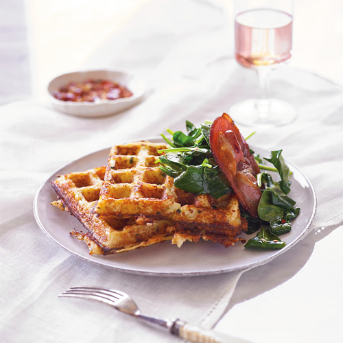 Cauliflower Waffles with Sauteed Spinach and Roasted Pancetta